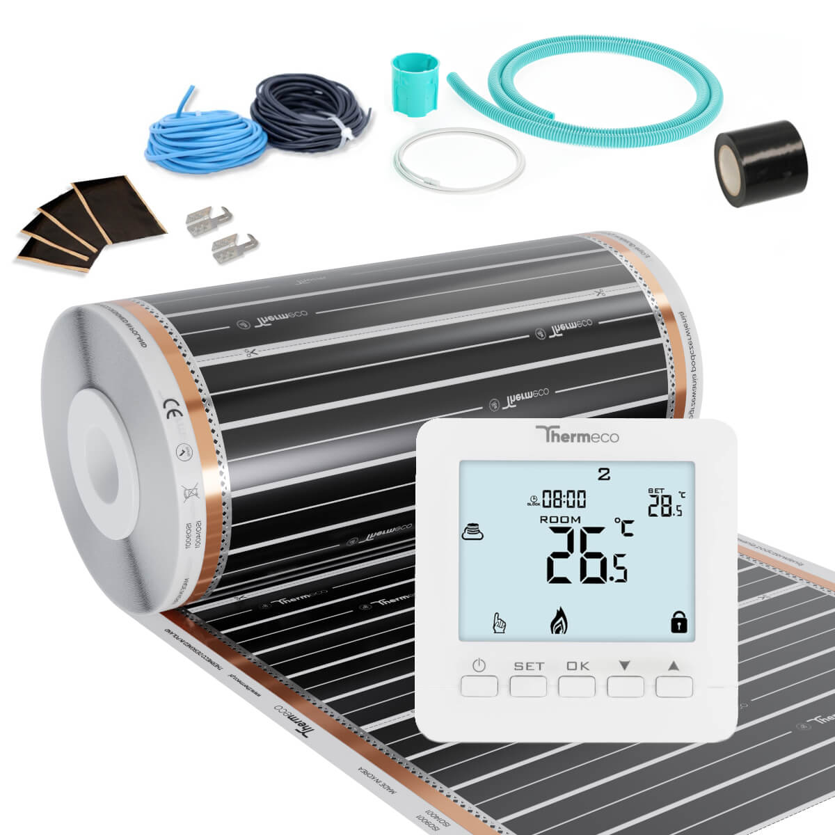 Zestaw folii grzewczej na podczerwień 14m2 (150W/m2) + regulator H8-H8 Biały