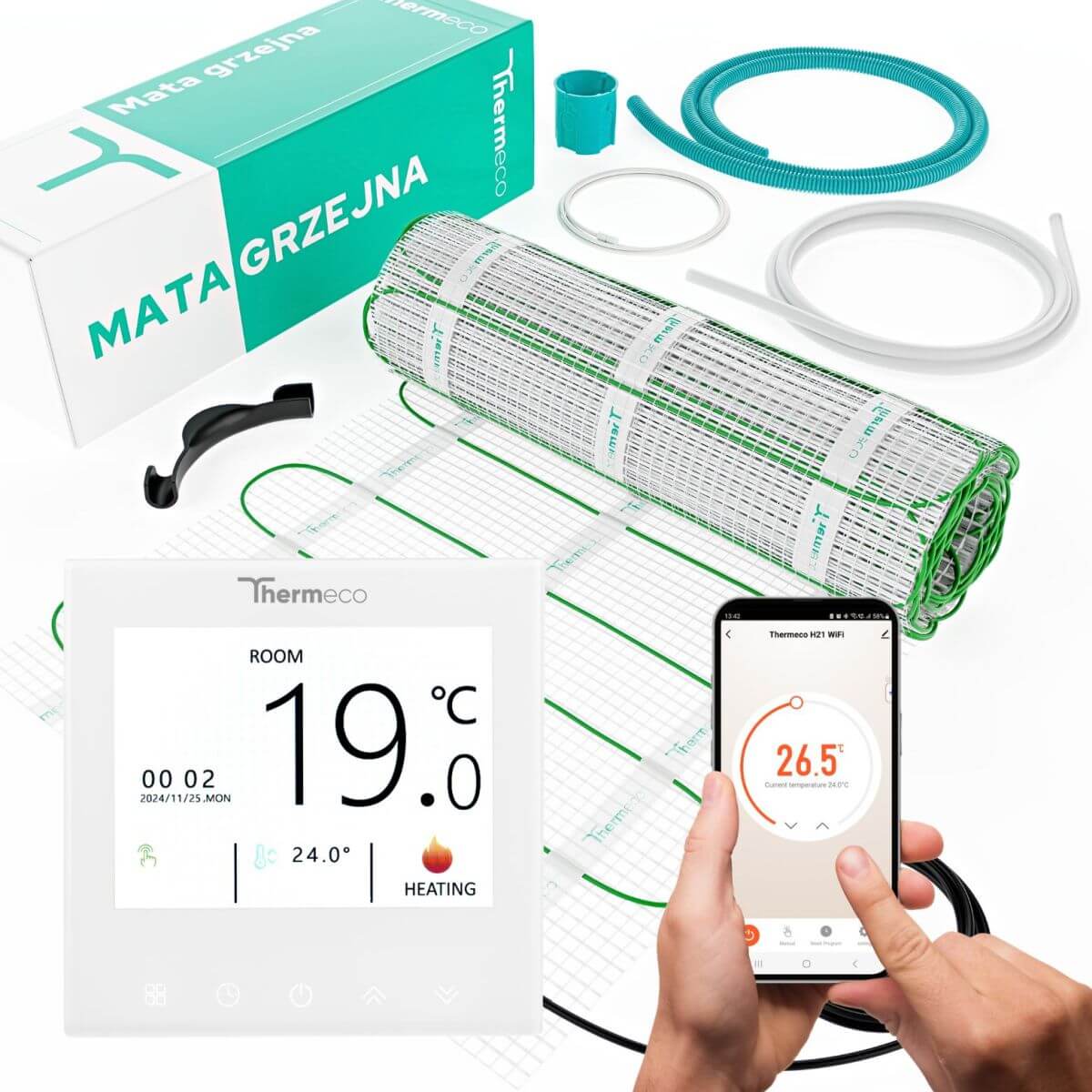 Zestaw ogrzewania podłogowego ECO 8m2 + regulator programowalny H21 WiFi-H21 Biały