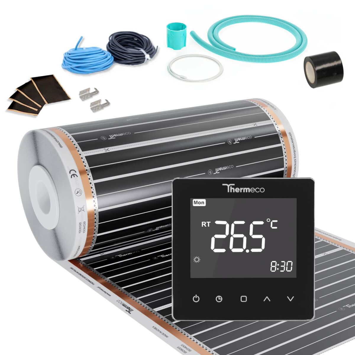 Zestaw folii grzewczej na podczerwień 8m2 (150W/m2) + regulator H10-H10 Czarny
